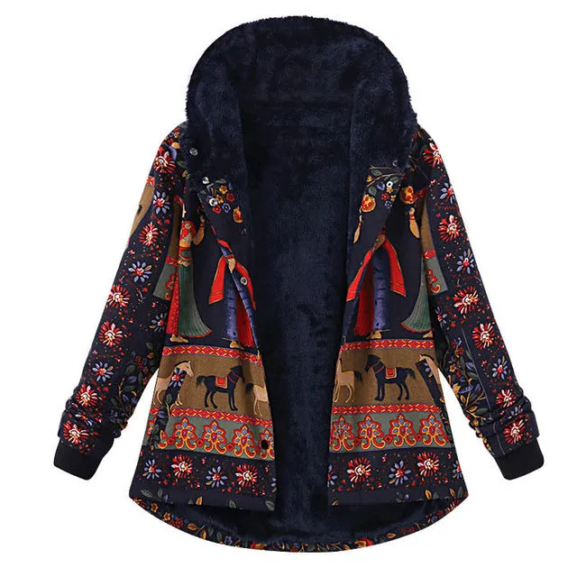 2018 Winter Celmia Women Boho Print Hoodies Long Sleeve Fleece Warm Sweatshirt Coat Loose Buttons Down Retro Jacket Outwear