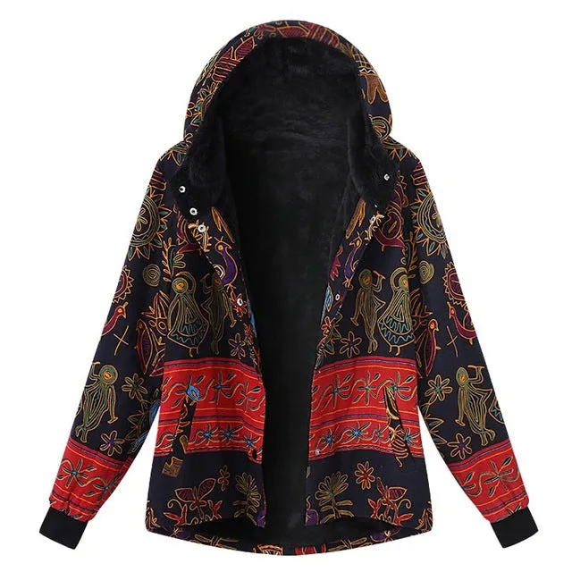 2018 Winter Celmia Women Boho Print Hoodies Long Sleeve Fleece Warm Sweatshirt Coat Loose Buttons Down Retro Jacket Outwear