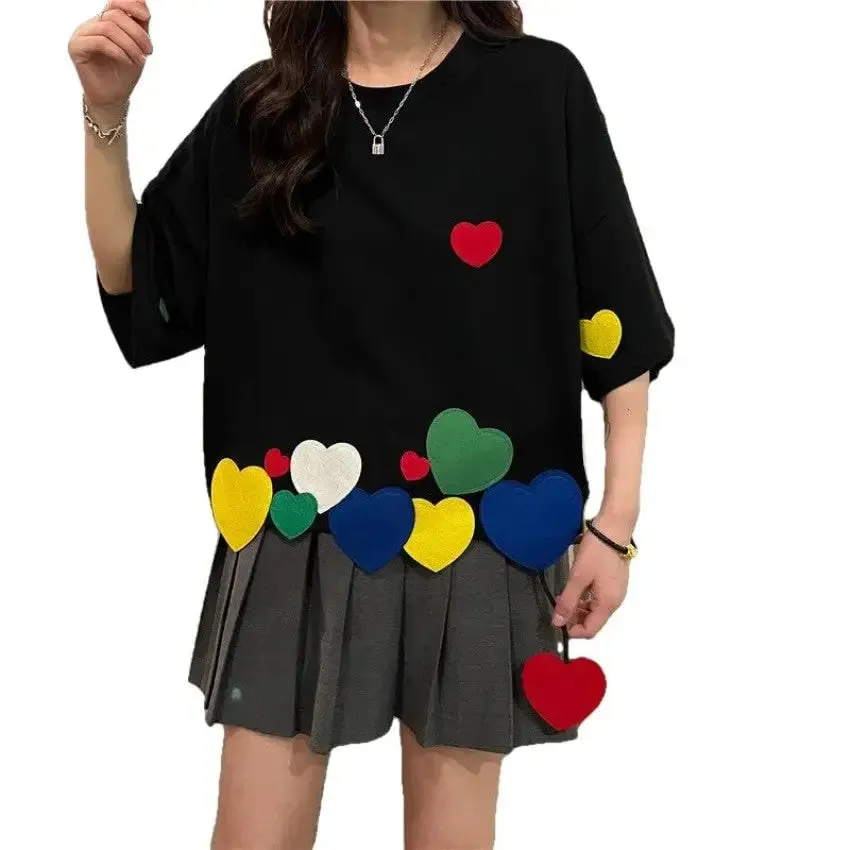 3D Colorful Hearts Round Neck Loose Blouse