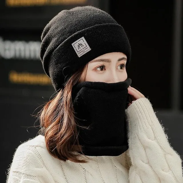 Add Fur Lined Set Fashion Beanie Outdoor Knitted Woolen Warm Winter Cap