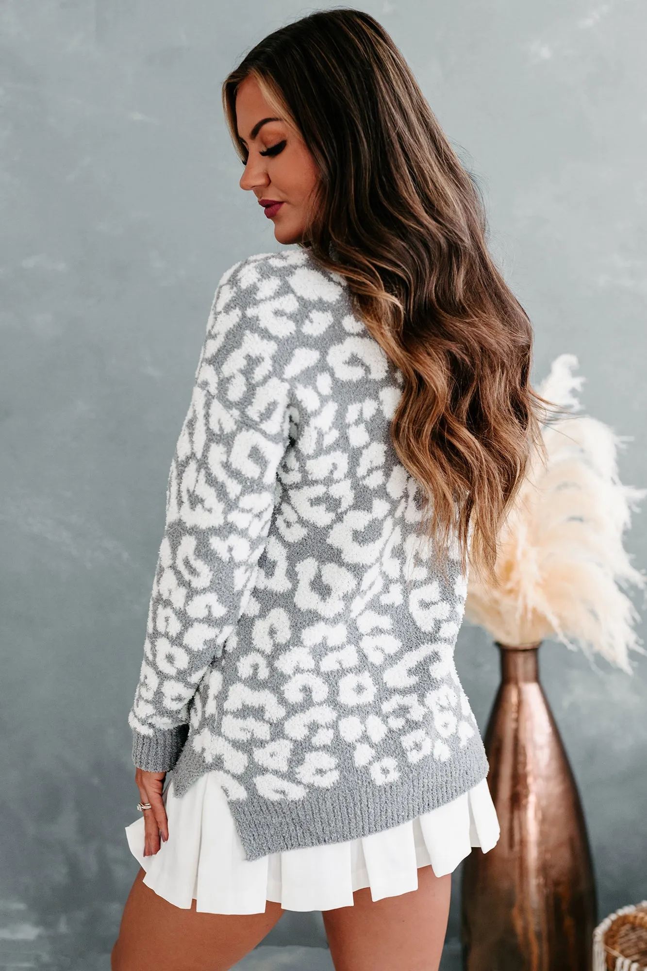 All Warm & Cuddly Fuzzy Leopard Print Sweater (Grey/Ivory)