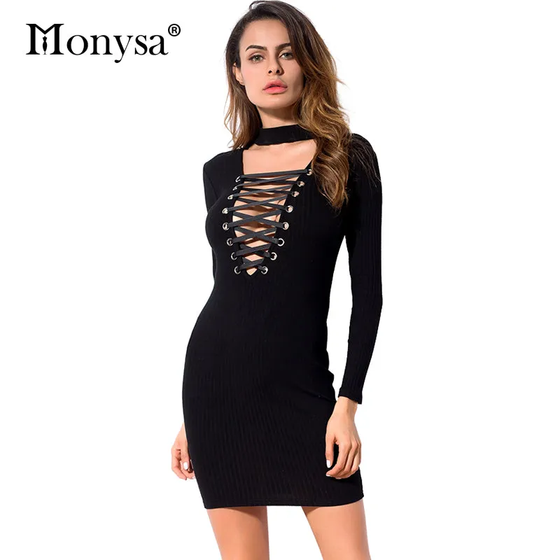 Autumn Bodycon Lace Up Knitted Dress