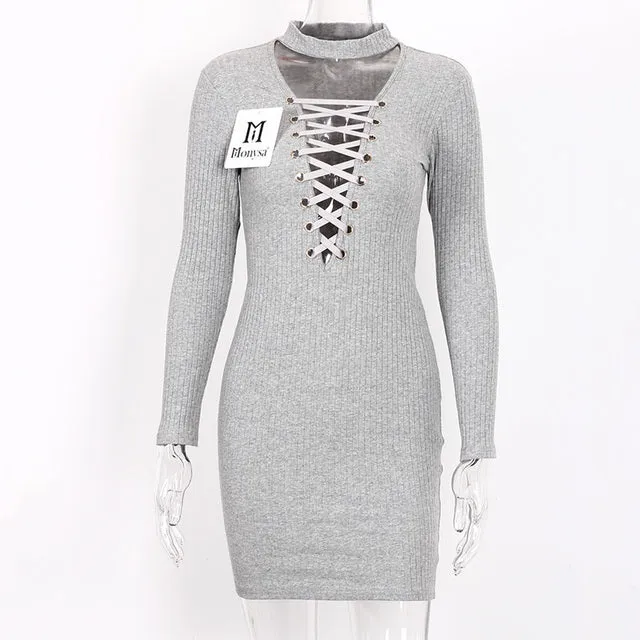 Autumn Bodycon Lace Up Knitted Dress