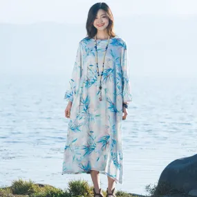 BABAKUD Bamboo Leaves Printed Loose Long Sleeve Dress