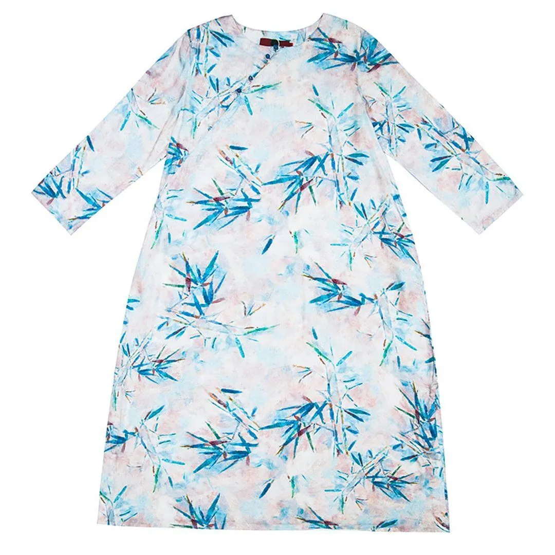 BABAKUD Bamboo Leaves Printed Loose Long Sleeve Dress