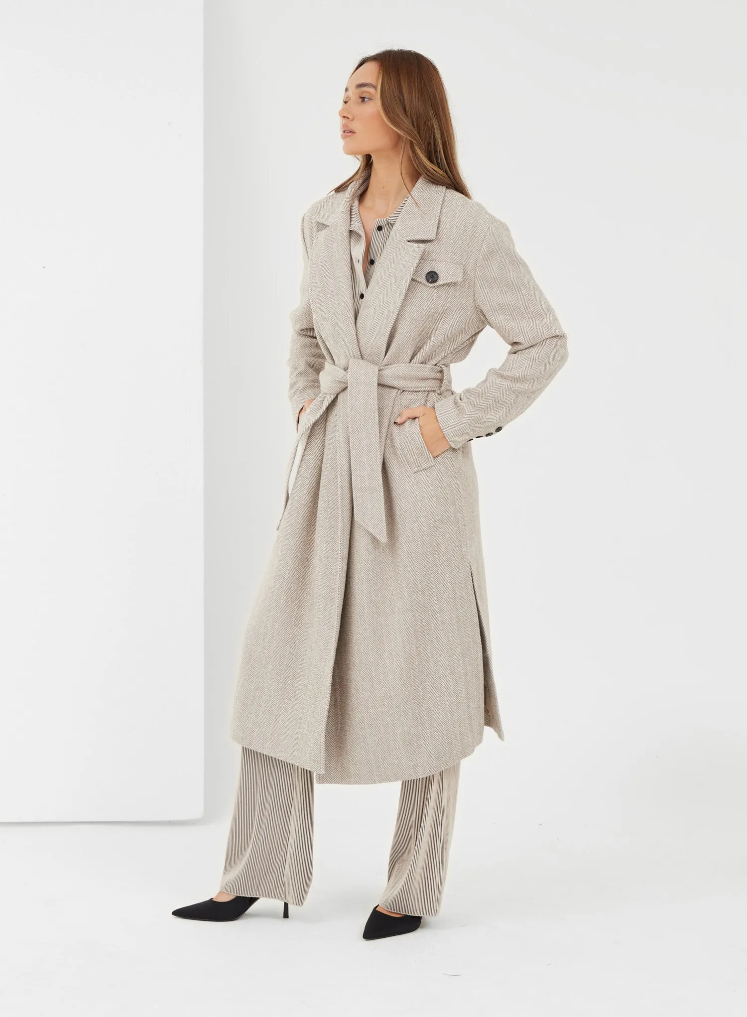 Beige Oversized Belted Coat - Mulder