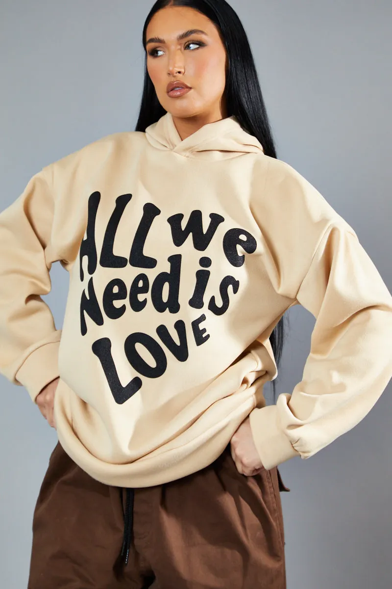 Beige Oversized Slogan Hoodie - Sora