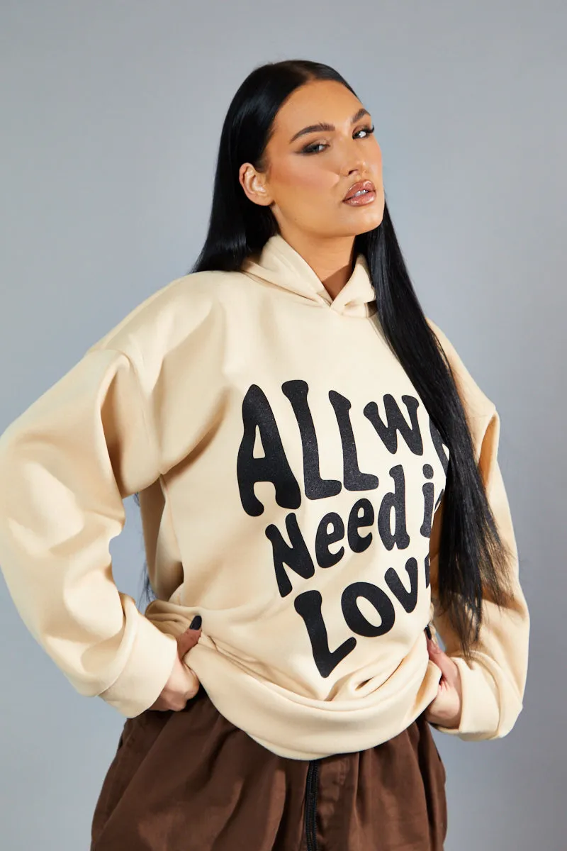 Beige Oversized Slogan Hoodie - Sora