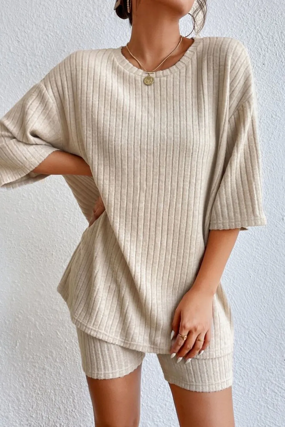 Beige Ribbed Loose Fit Casual Lounge Set