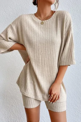 Beige Ribbed Loose Fit Casual Lounge Set