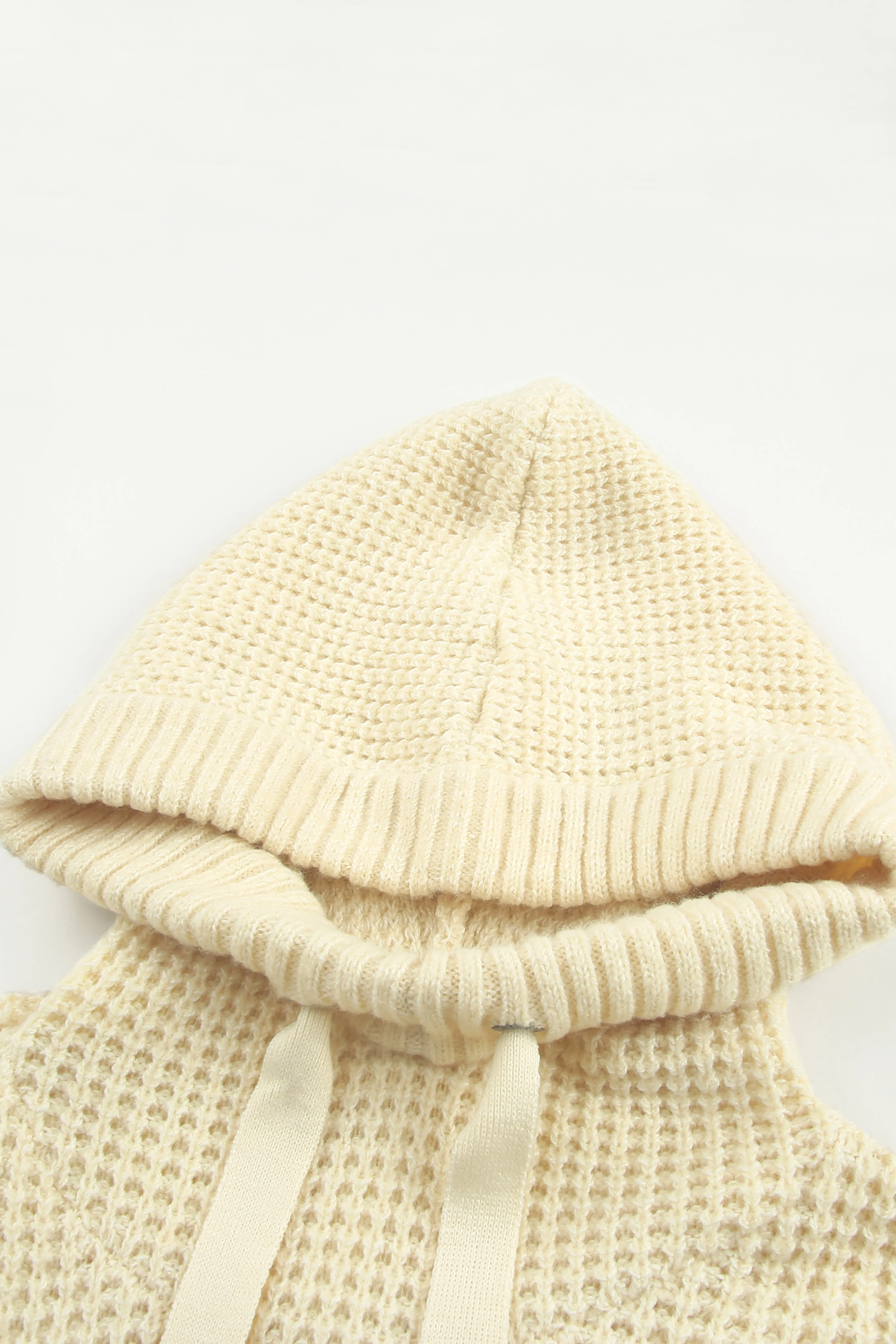 Beige Waffle Knit Loose Slit Hooded Sweater