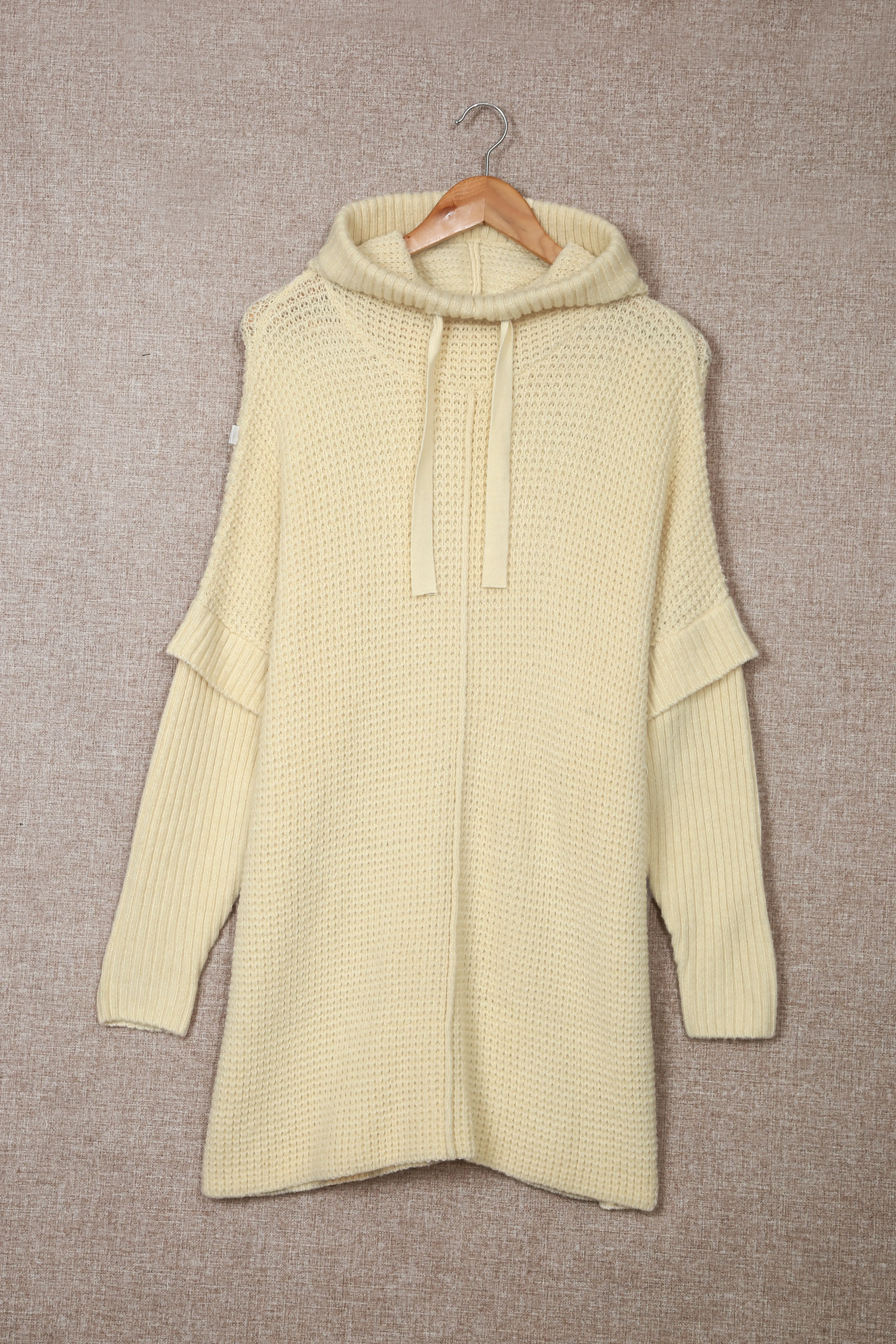 Beige Waffle Knit Loose Slit Hooded Sweater