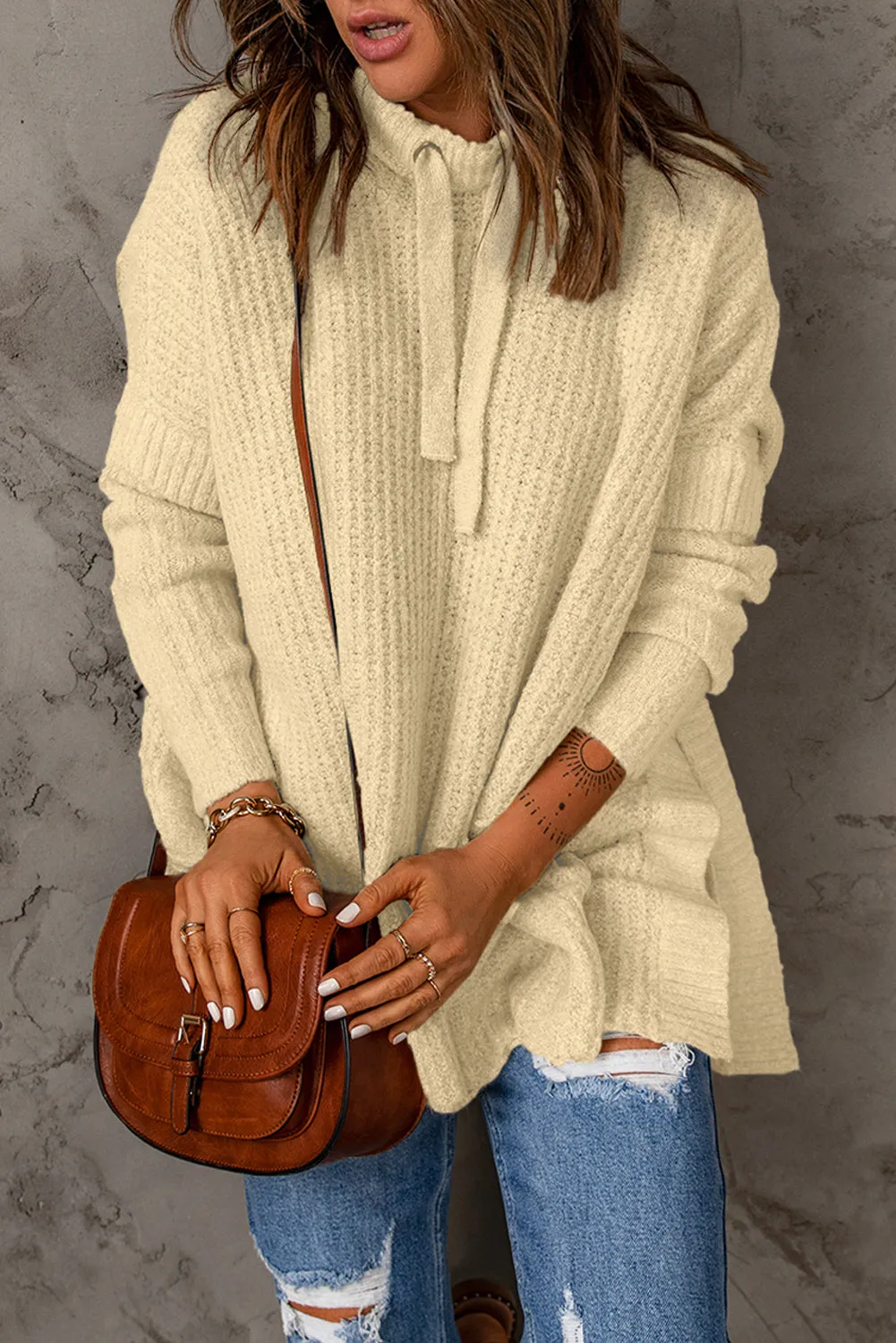 Beige Waffle Knit Loose Slit Hooded Sweater