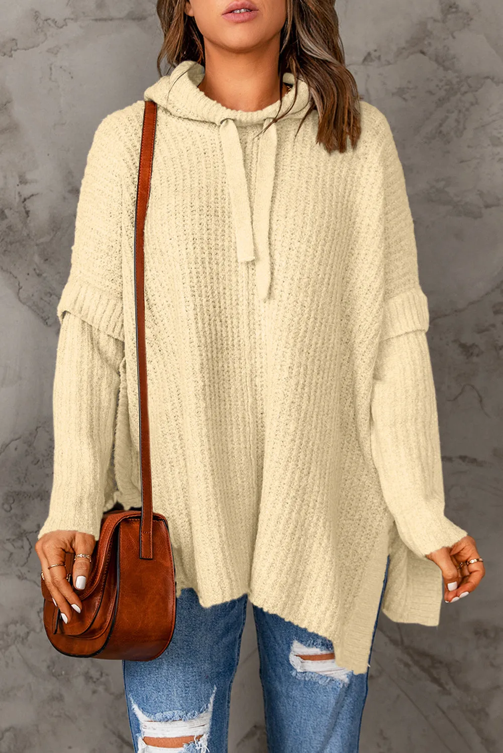 Beige Waffle Knit Loose Slit Hooded Sweater