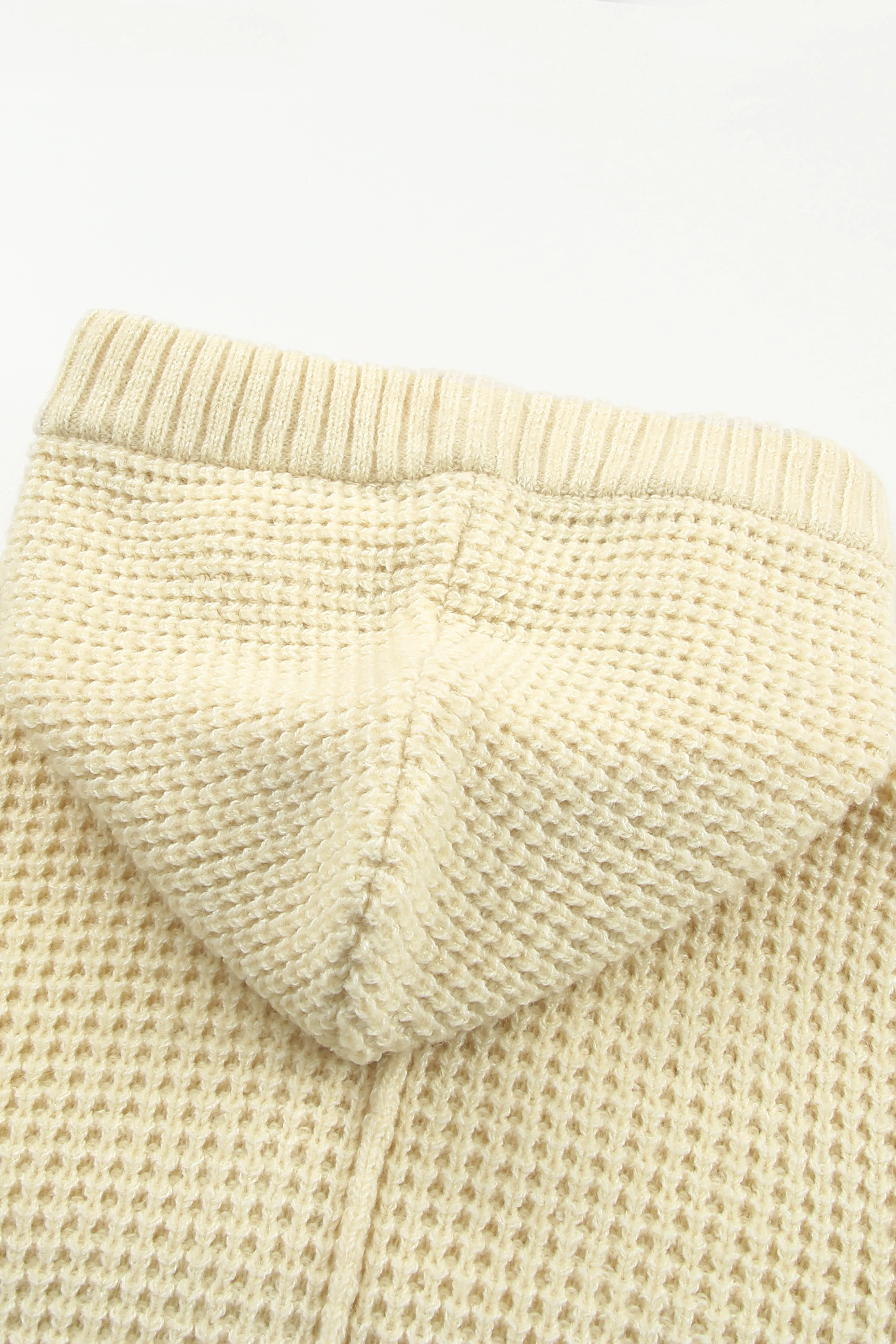 Beige Waffle Knit Loose Slit Hooded Sweater