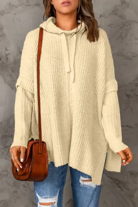 Beige Waffle Knit Loose Slit Hooded Sweater