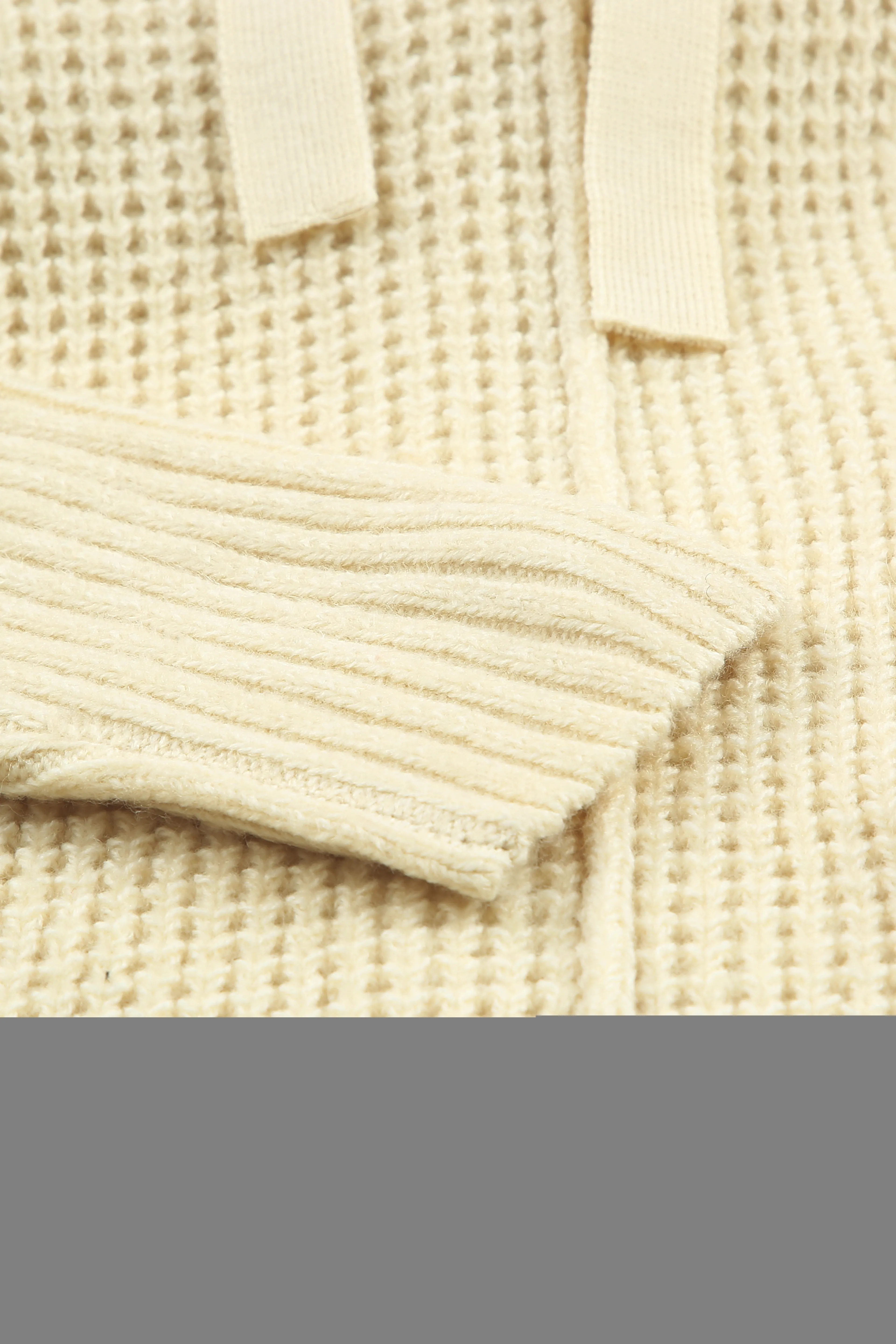 Beige Waffle Knit Loose Slit Hooded Sweater