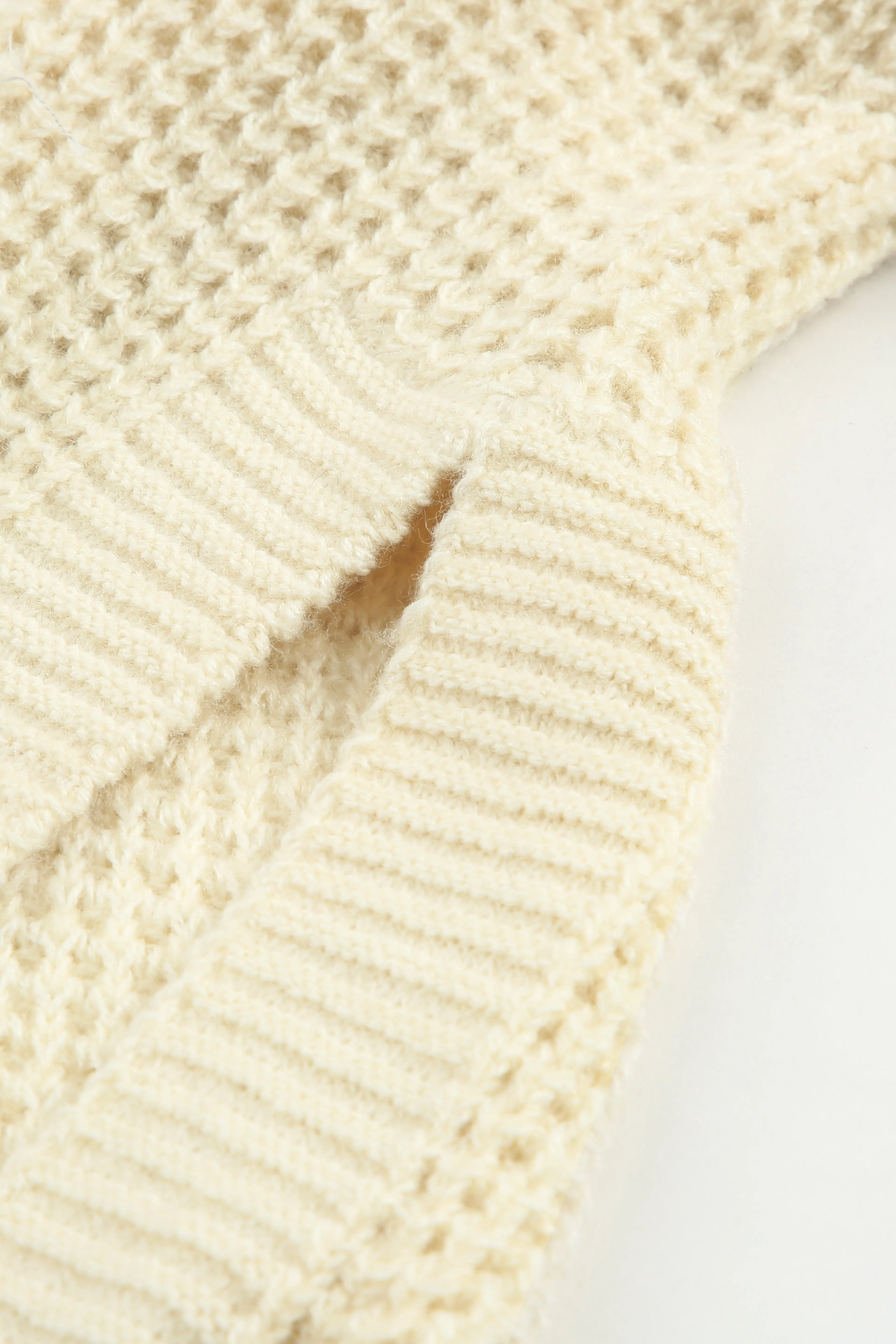 Beige Waffle Knit Loose Slit Hooded Sweater