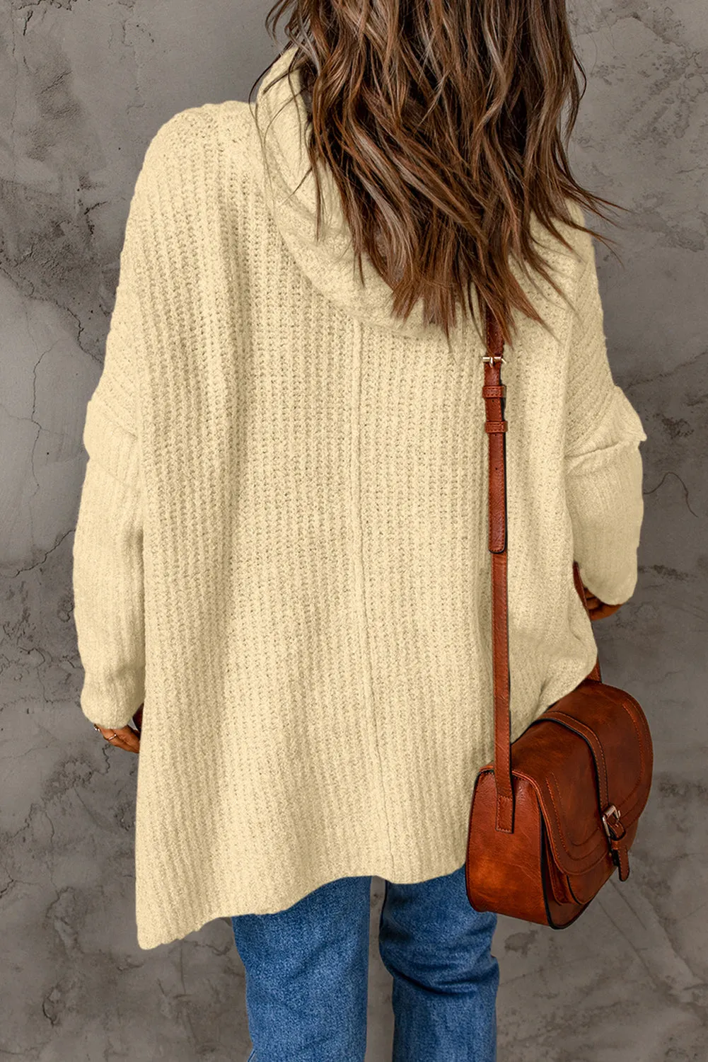 Beige Waffle Knit Loose Slit Hooded Sweater