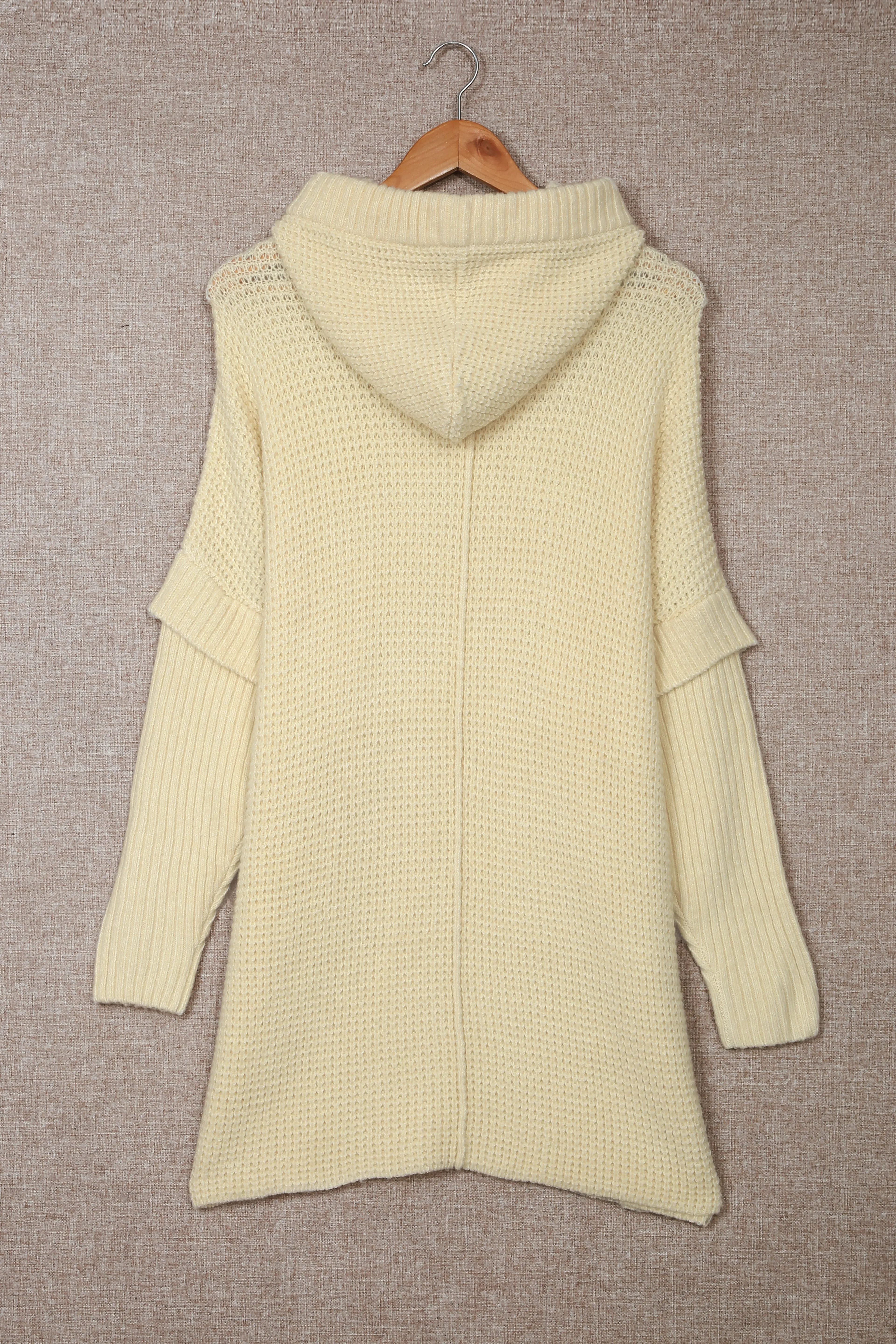 Beige Waffle Knit Loose Slit Hooded Sweater