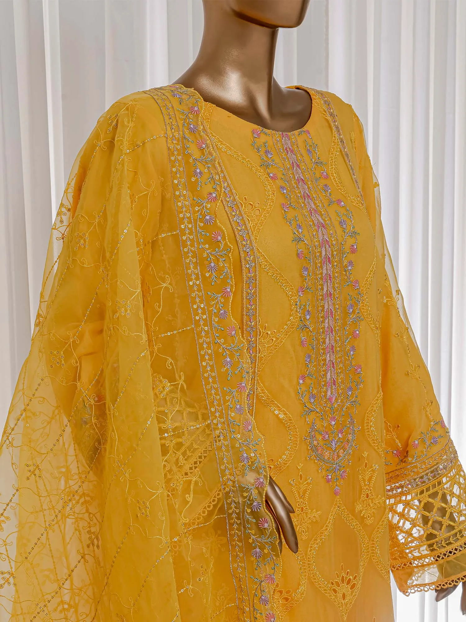 Bin Saeed Luxury Embroidered Yellow Organza Suit