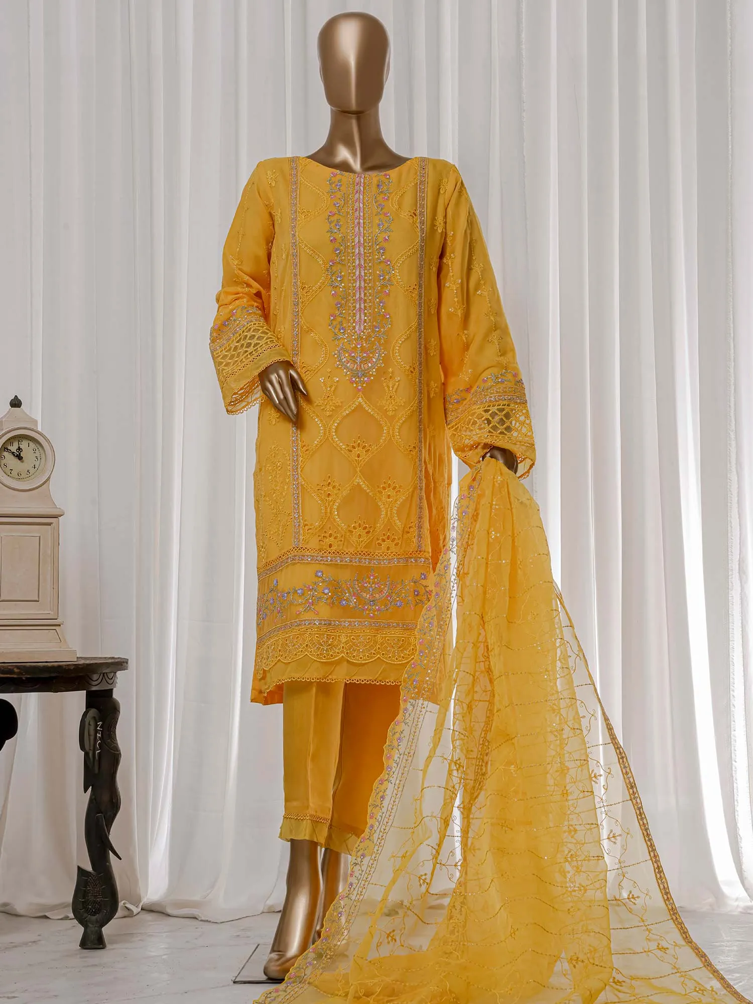 Bin Saeed Luxury Embroidered Yellow Organza Suit