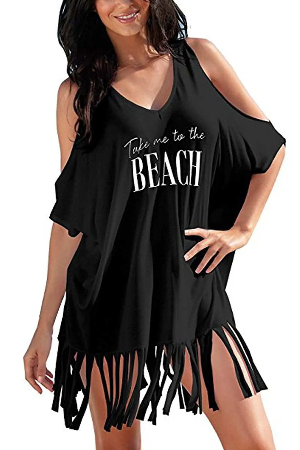 Black Cold Shoulders Loose Fit Beach Dress