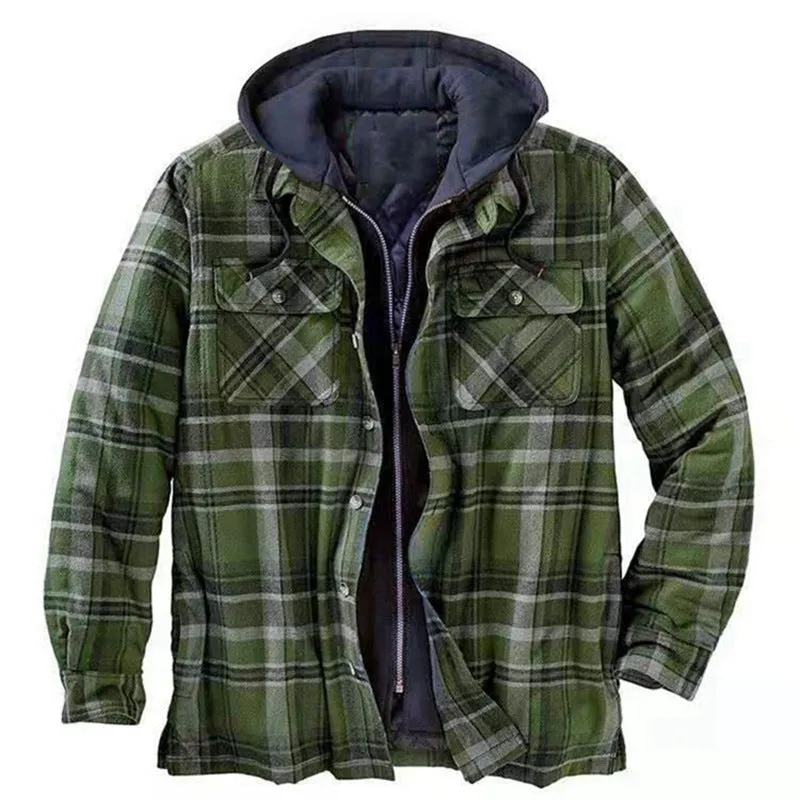 Classic Plaid Winter Lapel Ticken Hooded Warm Men Coat