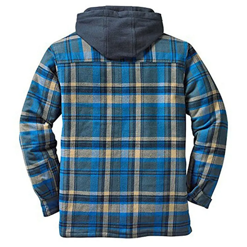 Classic Plaid Winter Lapel Ticken Hooded Warm Men Coat