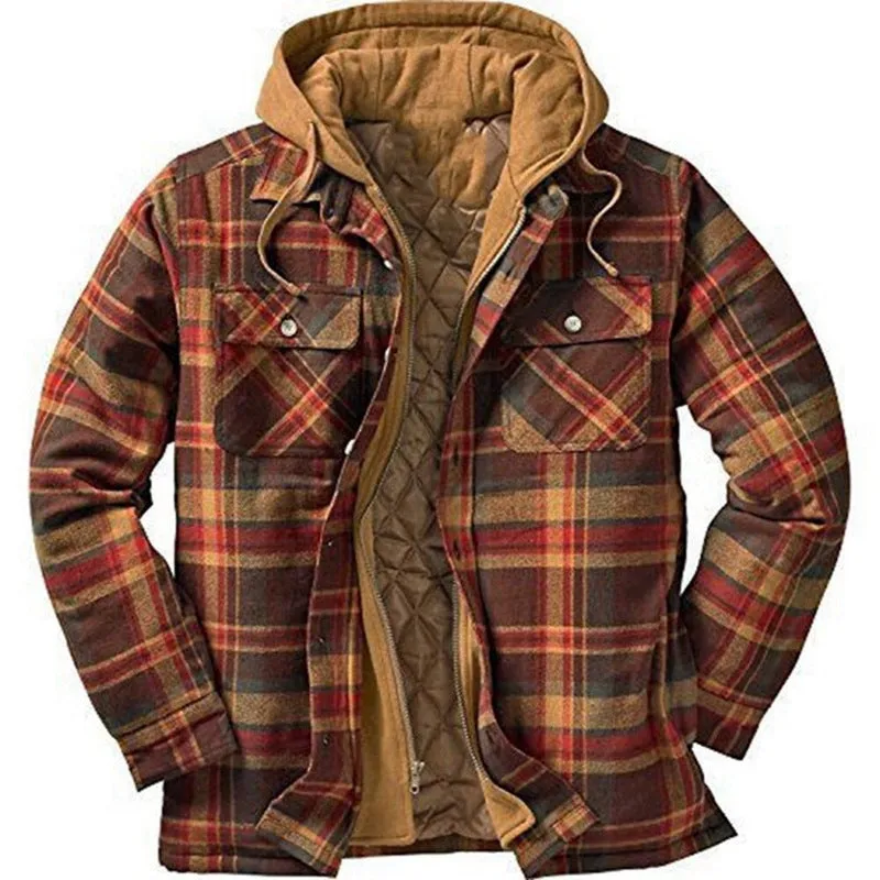 Classic Plaid Winter Lapel Ticken Hooded Warm Men Coat