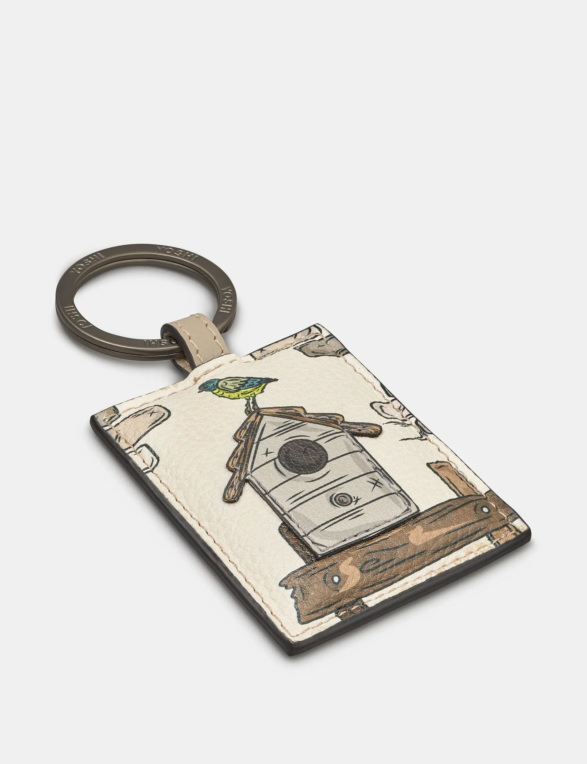 Country Cottage Birdhouse Warm Grey Leather Keyring