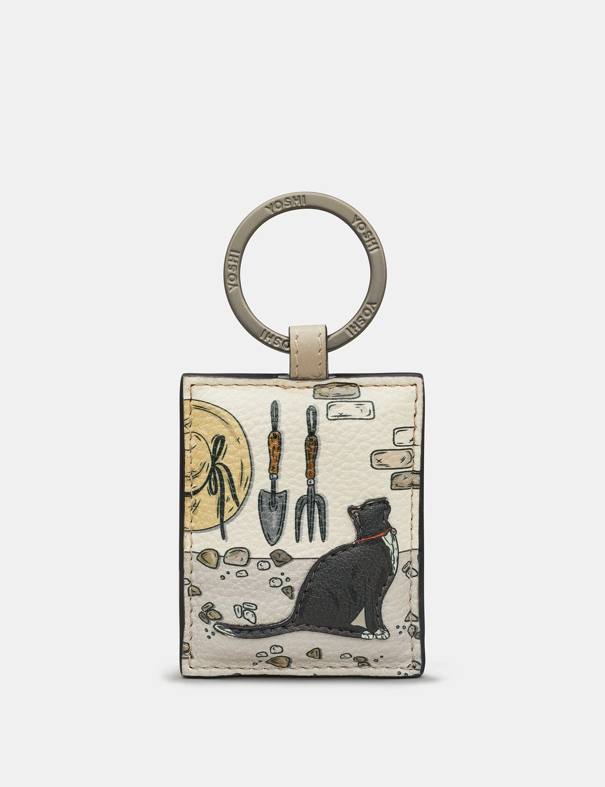 Country Cottage Black Cat Warm Grey Leather Keyring