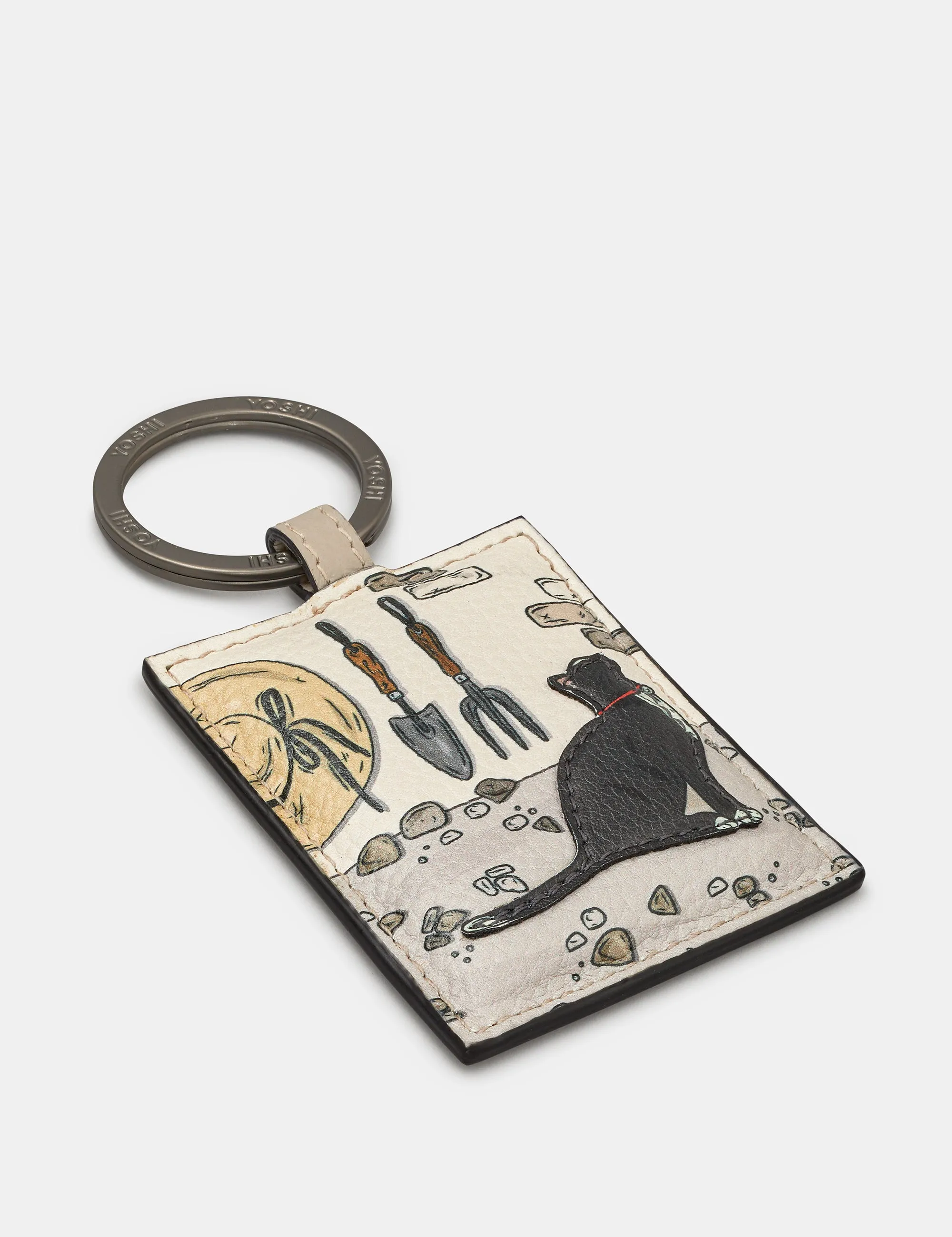 Country Cottage Black Cat Warm Grey Leather Keyring