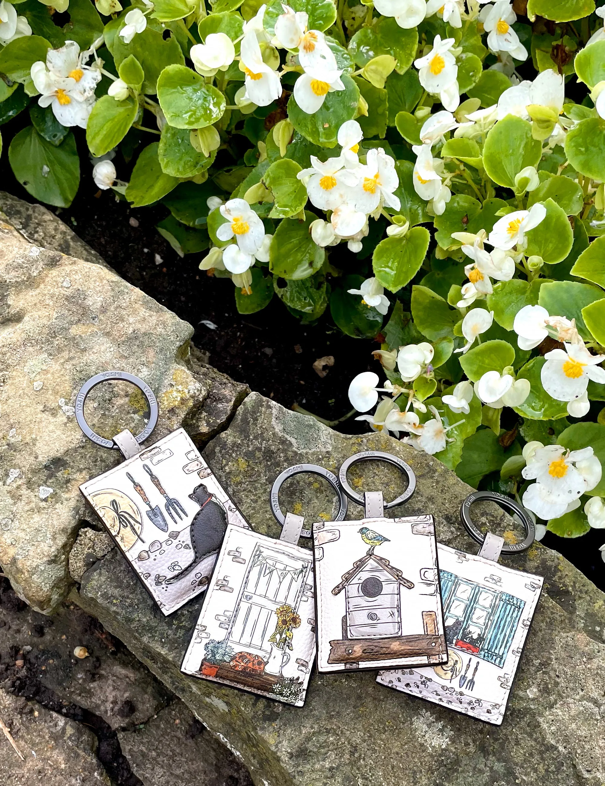 Country Cottage Window Warm Grey Leather Keyring