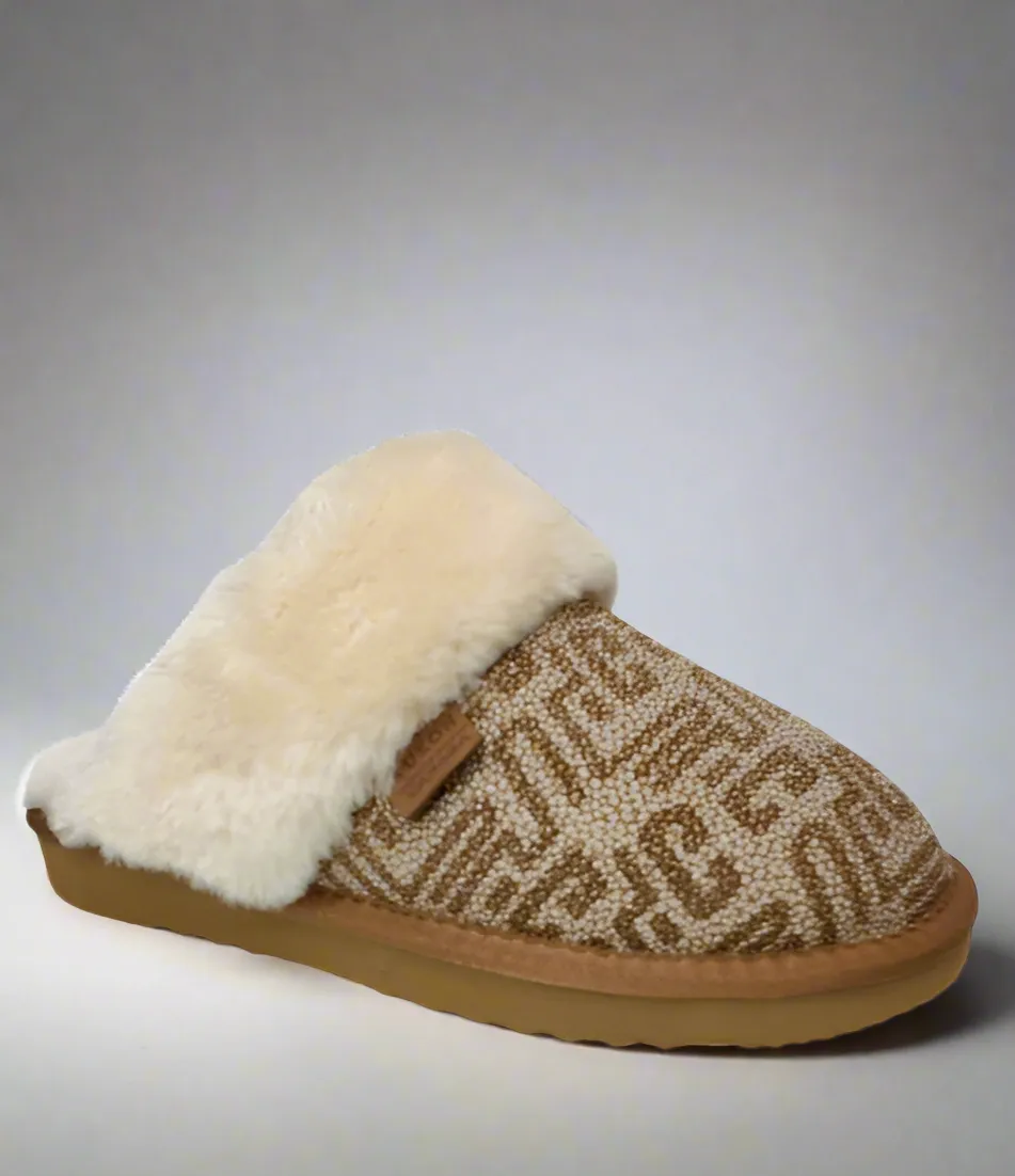 Ladies Yukon Bedroom Sliders Ice Print Leather Shearling Albert Warm Mules