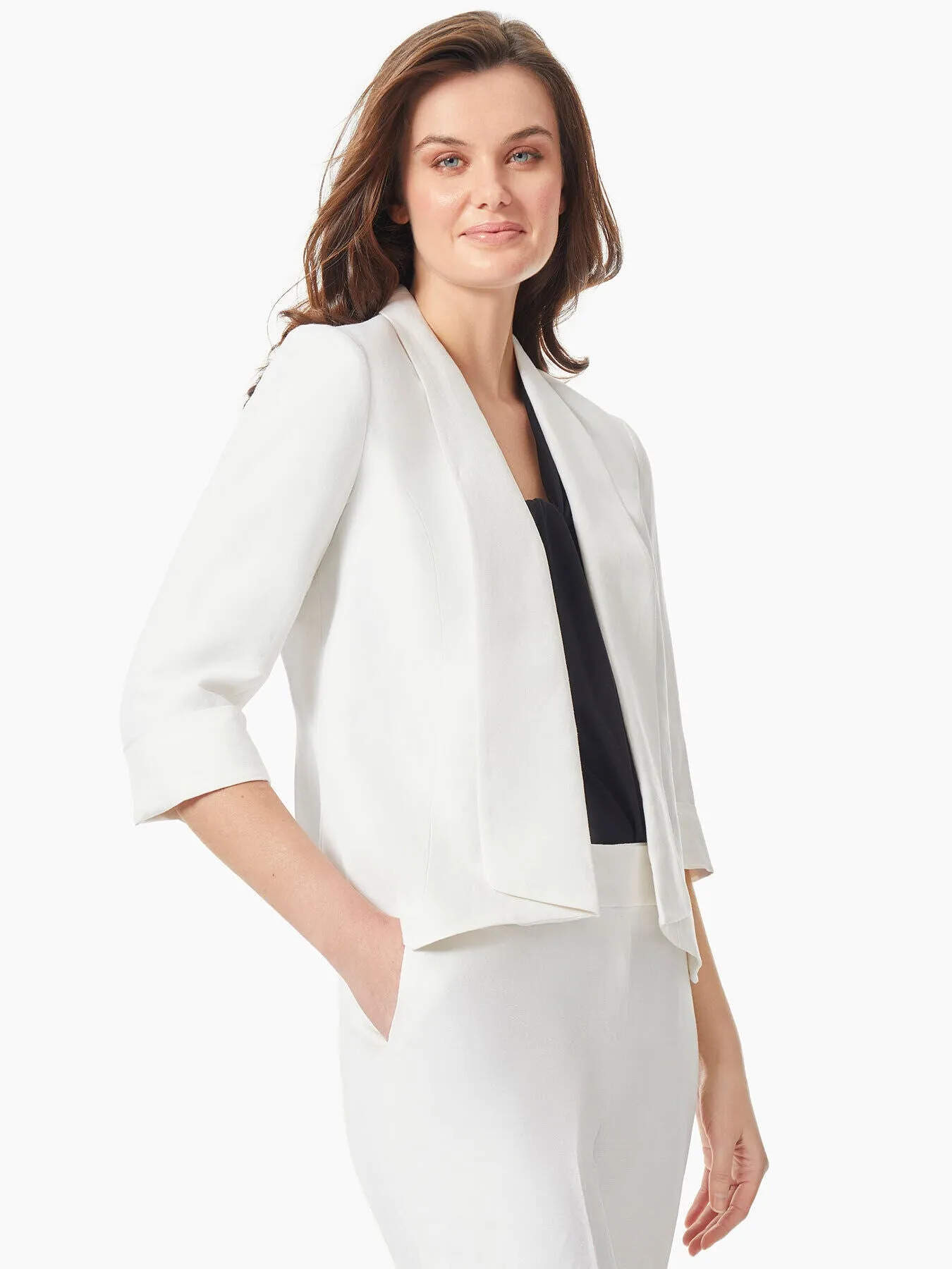 Linen Blend Draped Open Front Jacket