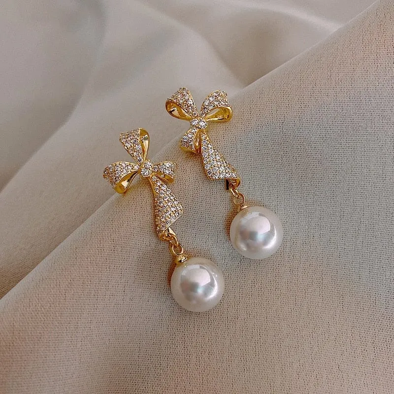 Luxury Charm Bows Pearl Dangle Earrings