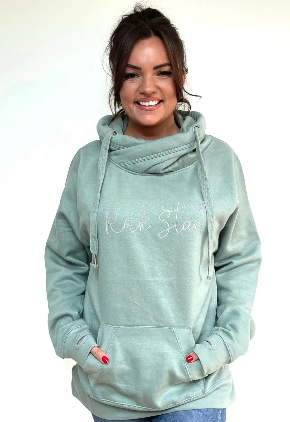 Luxury Cowl Neck Rock Star Hoodie - Sage