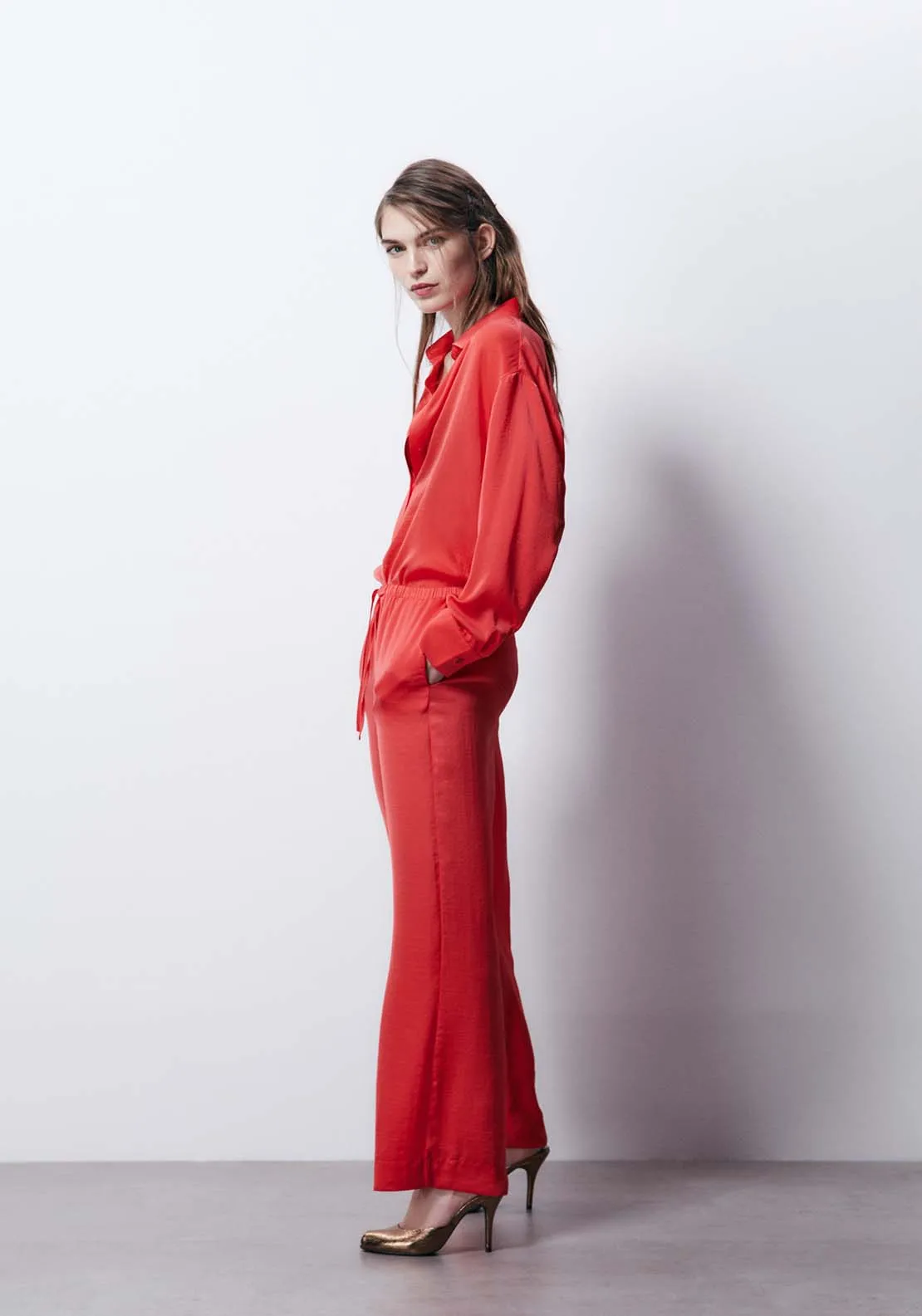 Oversized Satin Shirt - Red