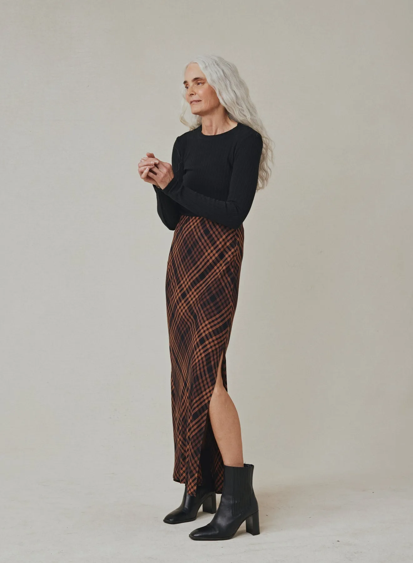 Side Slit Bias Maxi Skirt - Autumn Ember Plaid