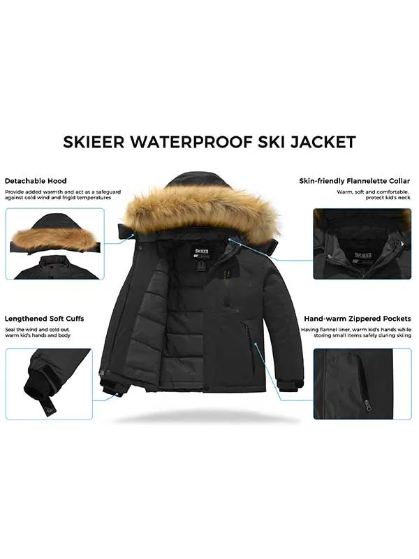 Skieer Boy's Ski Jacket Warm Winter Snowboard Waterproof Jacket Hooded Rain Coat