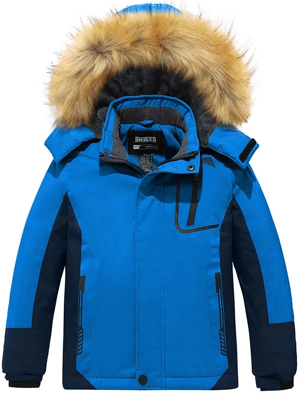 Skieer Boy's Ski Jacket Waterproof Warm Fleece Winter Snow Jacket Hooded Raincoat