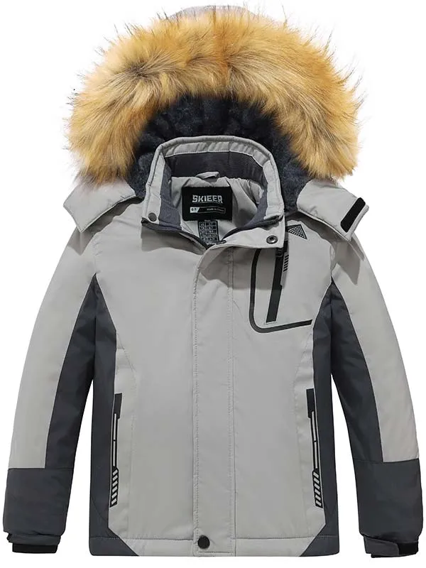 Skieer Boy's Ski Jacket Waterproof Warm Fleece Winter Snow Jacket Hooded Raincoat