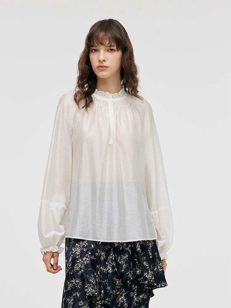 Tencel Loose Ruffle Neck Women Blouse