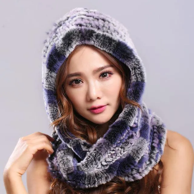 Thick autumn winter warm real rabbit fur scarf and hat