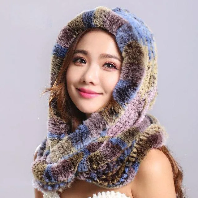 Thick autumn winter warm real rabbit fur scarf and hat