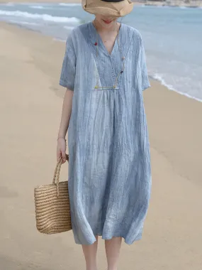 V Neck Vintage Linen Women Loose Dress